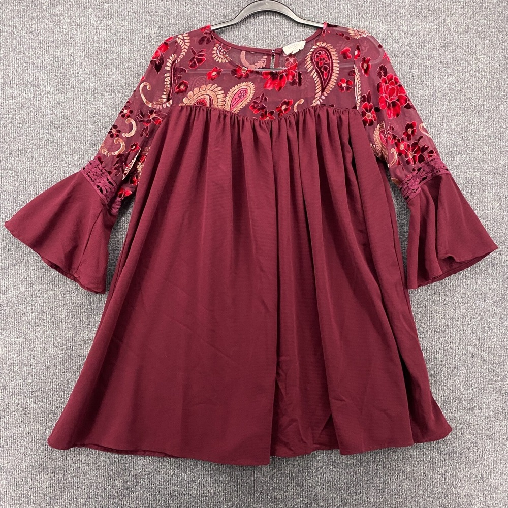 Umgee Dress Small Red Floral‎ Bell Sleeve Babydoll Boho Cottage Coquette Western